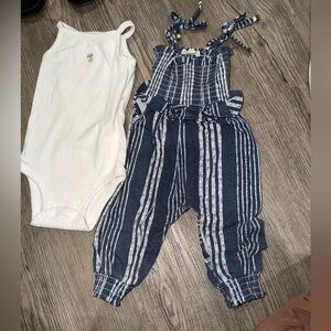 Navy and White Striped Elastic-Waist Pants